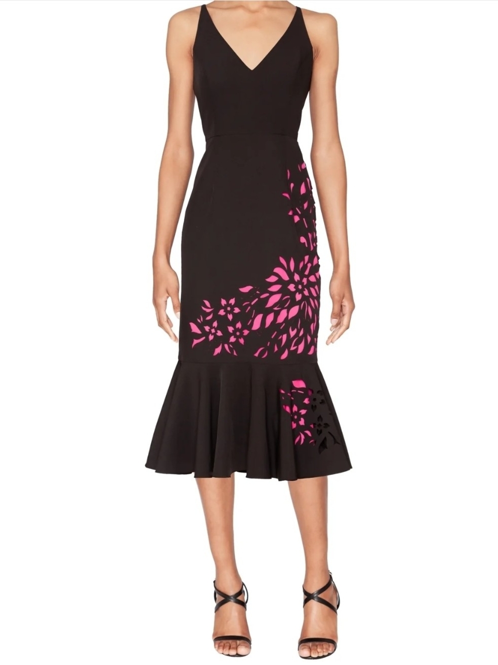 SZ 8- WHITE TIE by Shani Black Midi Skirt with Pink Laser-Cut Detail NWTs